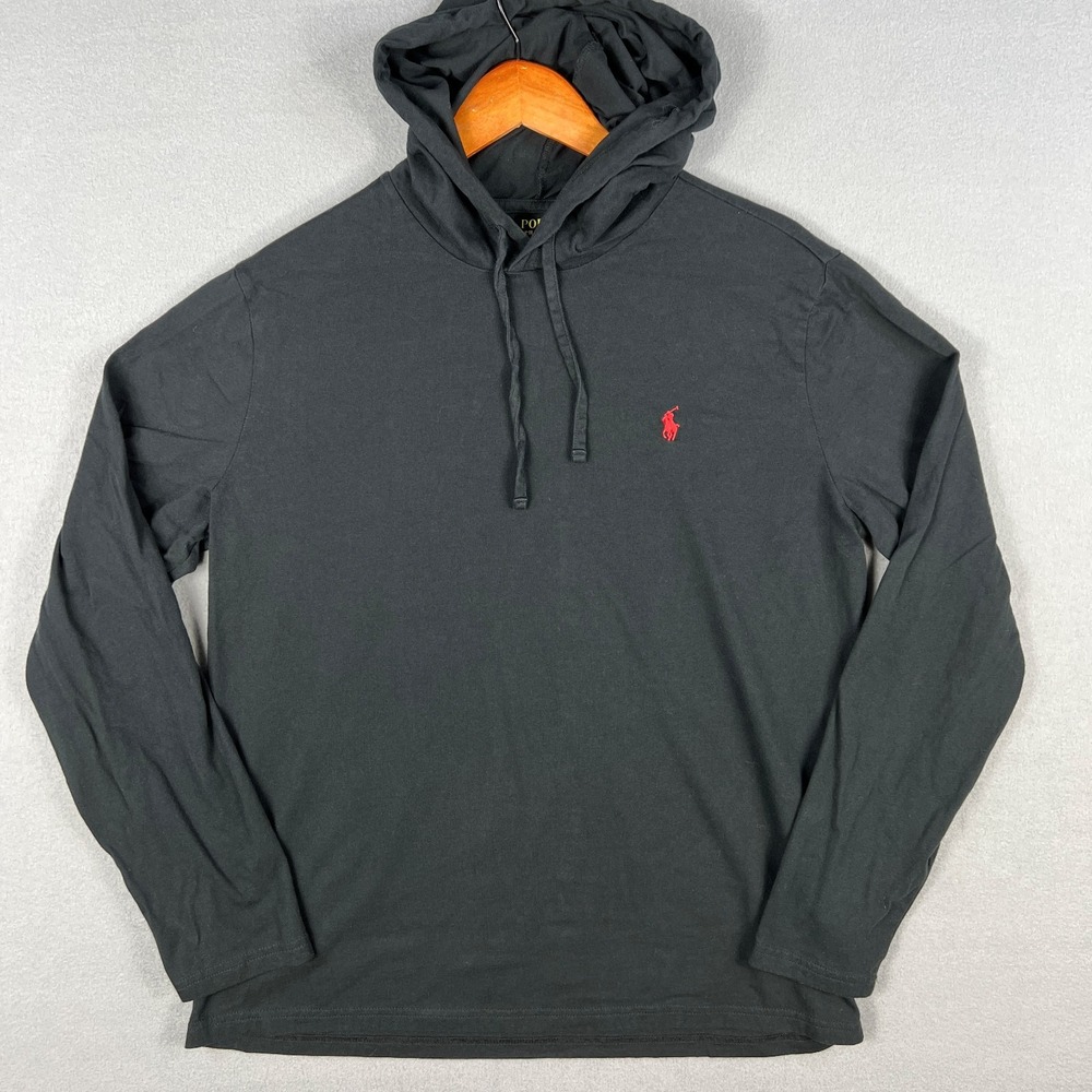 Polo Ralph Lauren Hooded T Shirt Mens Large Black Red Pony‎ Logo Lightweight